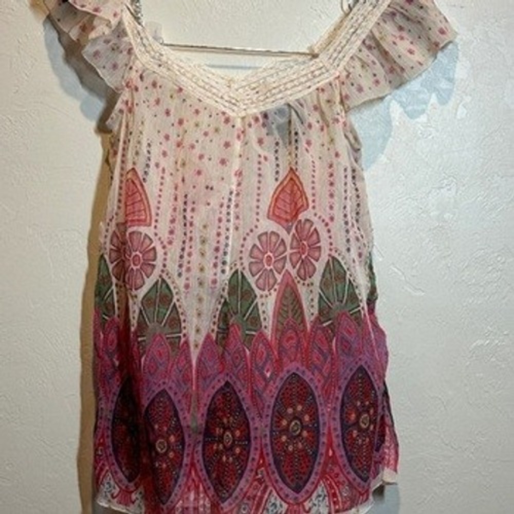 Floral Paisley Boho Flutter Sleeve Top Pink Crochet Lace Romantic Angie Small - Picture 2 of 4